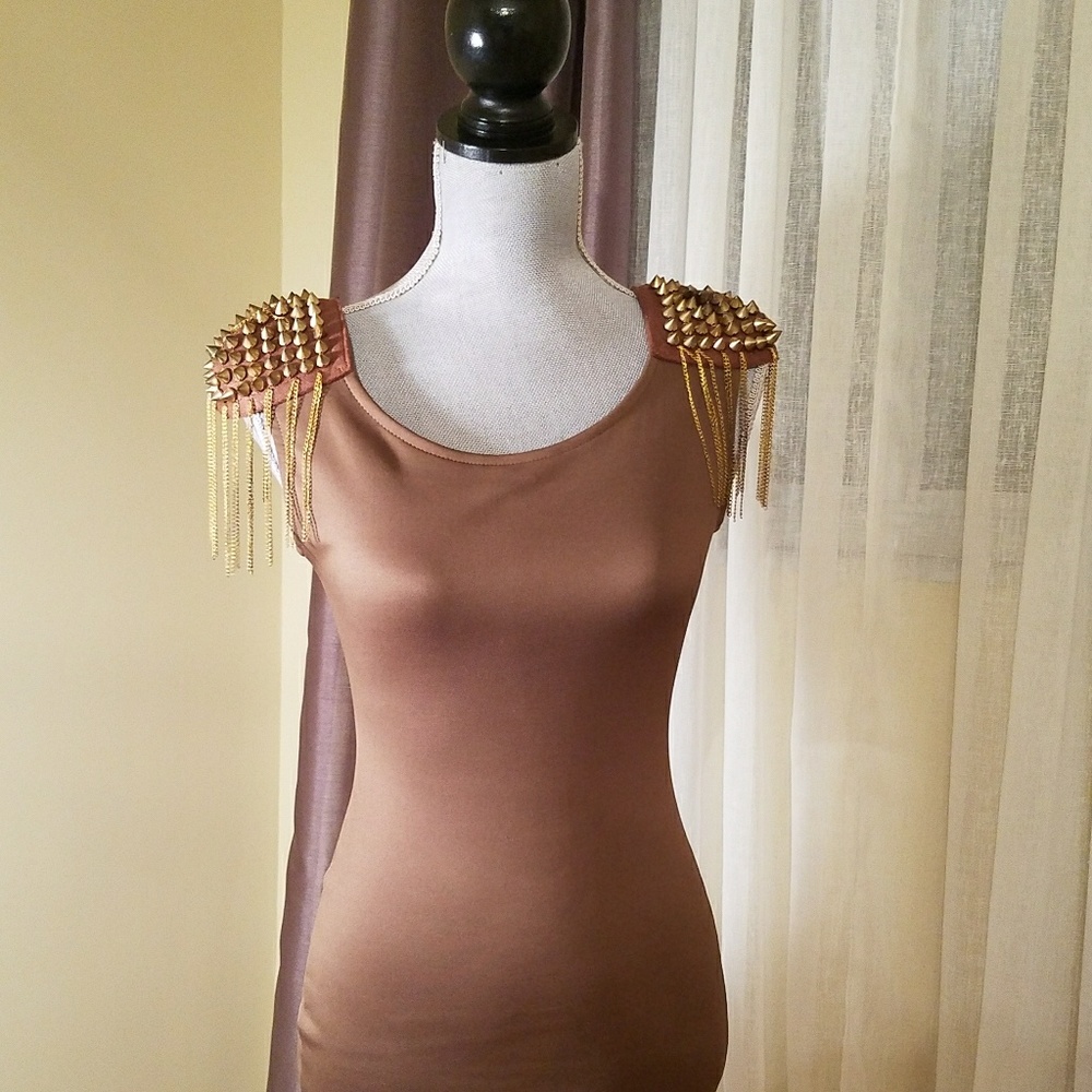 CLOSET SALE Tan and Gold Sholder Party Dress
